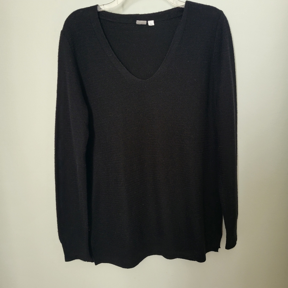 Gap V Neck Extra‎ Fine Merino Wool Blend Long Sleeve Knit Sweater Black Large